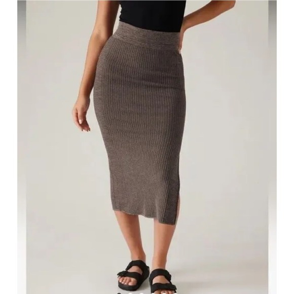 Athleta Gray Brown Ribbed Knit Midi Skirt Side Slit Stretch Casual Athleisure - Picture 1 of 6